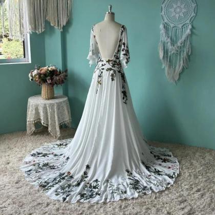 Umk Chic Colorful Embroidery Boho Wedding Dress..