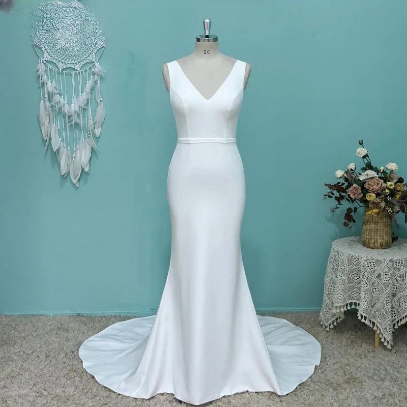Umk Modern Satin Mermaid Wedding Dress Sexy Dee V Illusion Open Back Sleeveless Simple Bridal Gowns