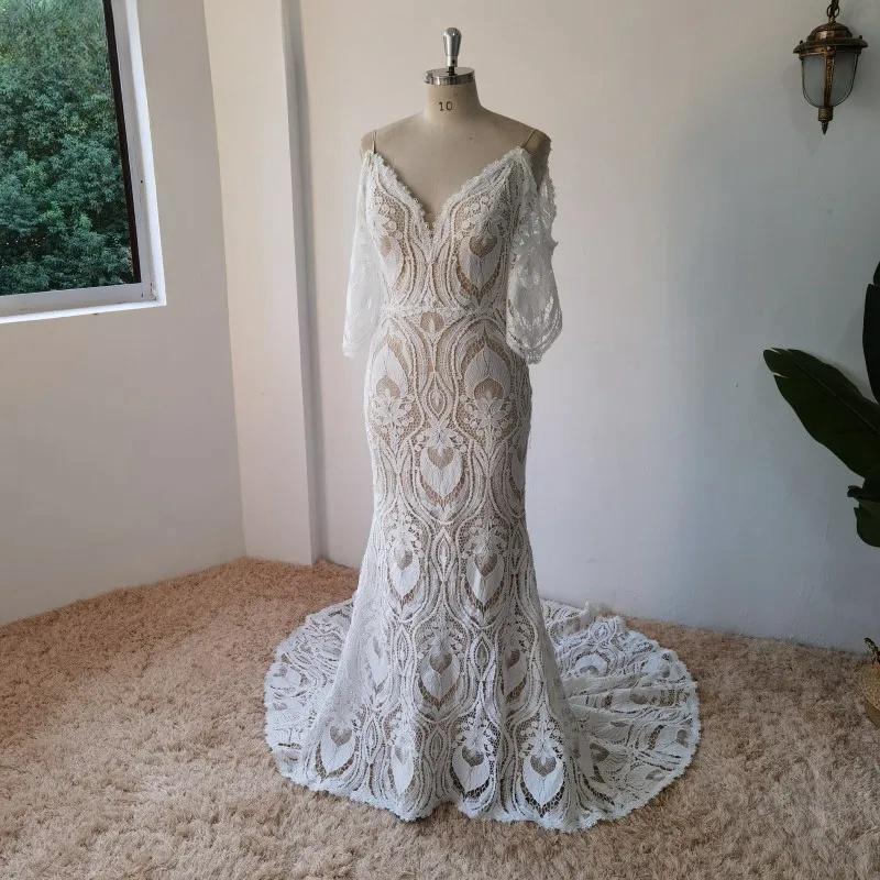 Umk Vintage Crochet Lace Boho Mermaid Wedding Dress Detachable Sleeves Spaghetti Straps Sexy Open Back Bohemia Bridal Gowns