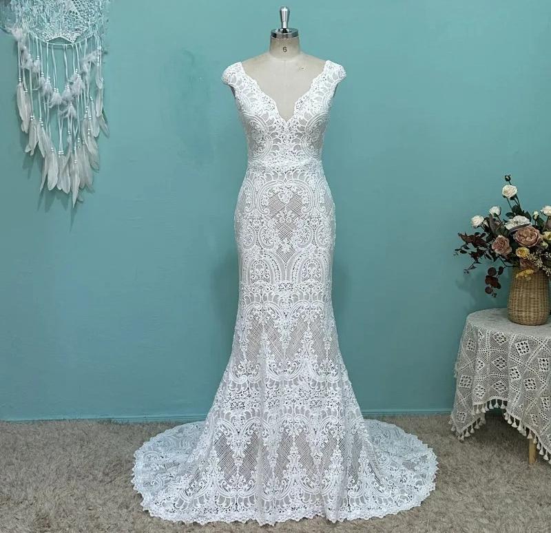Umk Vintage Boho Mermaid Wedding Dress Chic Crochet Lace Open Back Bohemia Short Sleeve Bridal Gowns