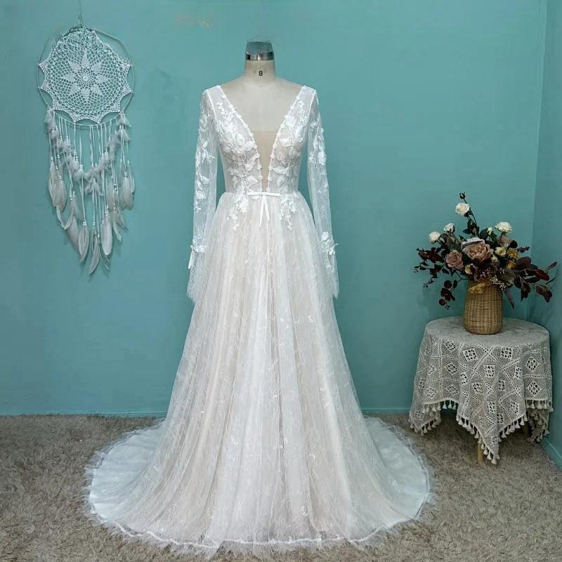 Umk Sexy Illusion Lace Wedding Dress Boho Long Sleeve Deep V Open Back Chic Appliques Beach Wedding Dress