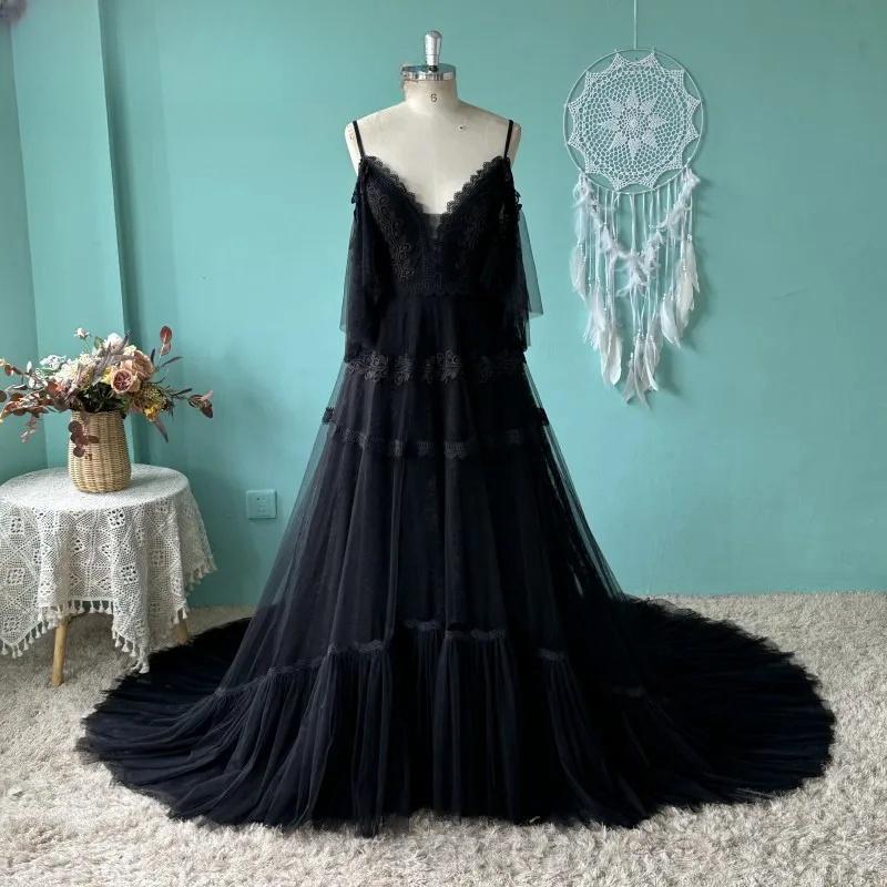 Umk Vintage Black Lace Beach Weddiing Dress Boho Spaghetti Straps Sexy V Neck Short Sleeve Bridal Gowns