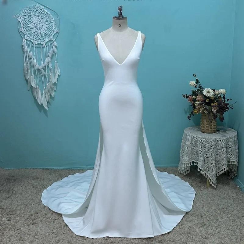 Umk Modern Crepe Mermaid Wedding Dress Sexy Deep V Open Back Detachable Train Elegant Bridal Gowns