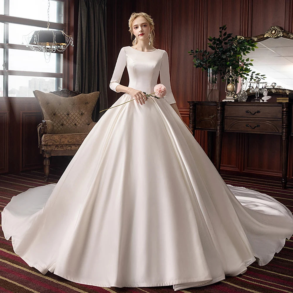 long sleeve elegant satin wedding dress Elegant Princess Long A-line V-neck One Shoulder Satin Wedding Dresses –  misshow.com main image 1