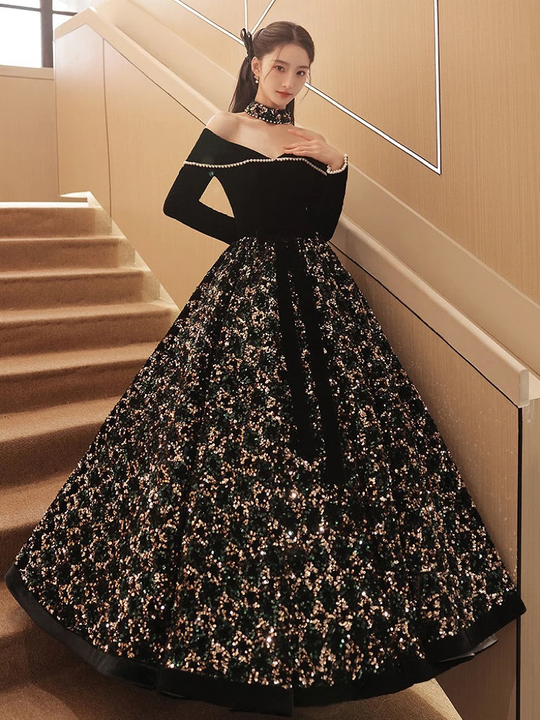 Blue Fashion Shiny Off-Shoulder Sequins Elegant Tight Long Slit Ball Gown Evening Dress main image 1