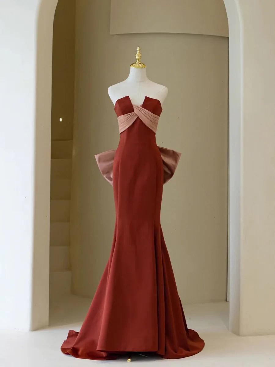 Elegant Strapless Burgundy Satin Evening Gown on Luulla