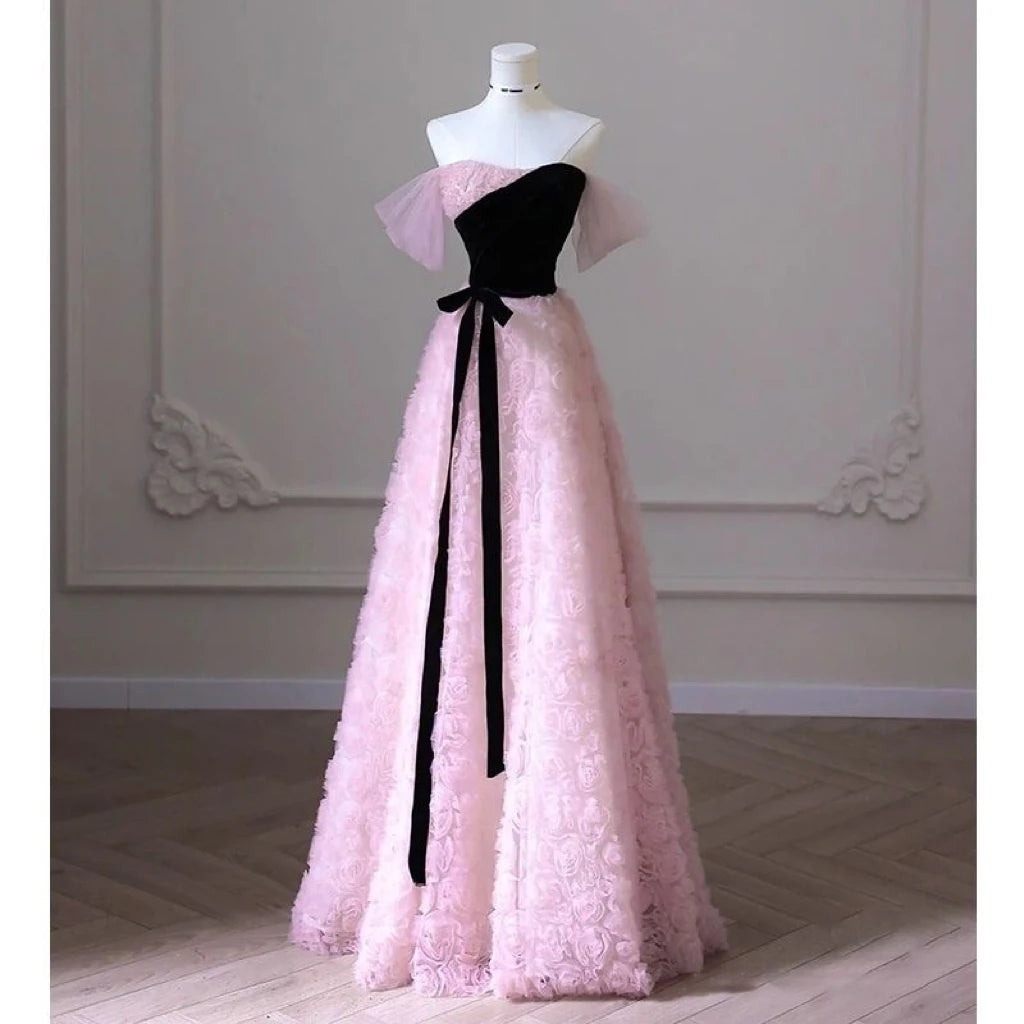 Elegant Pink And Black Off-shoulder Evening Gown on Luulla