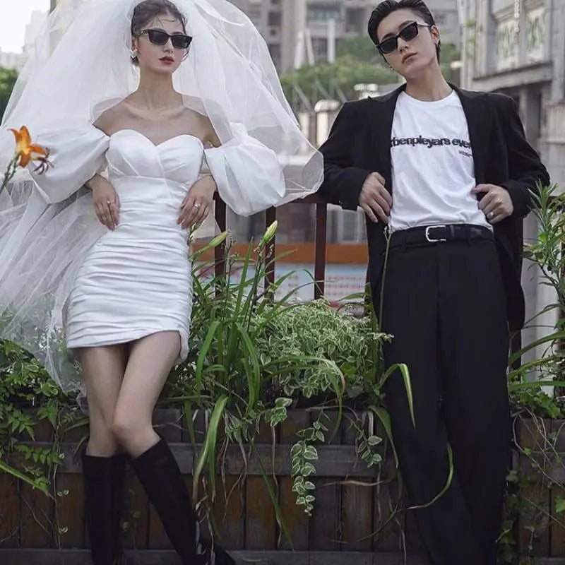 Off-shoulder Satin Mini Wedding Dress With Veil on Luulla