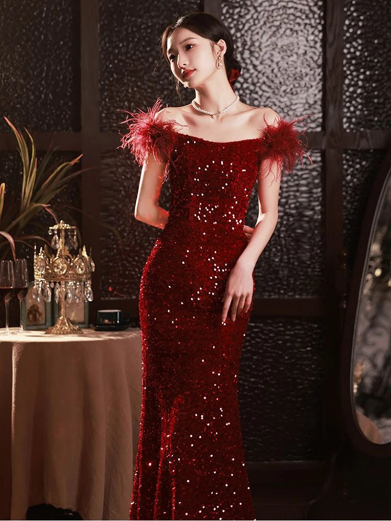 Elegant Red Sequin Off-shoulder Evening Gown on Luulla