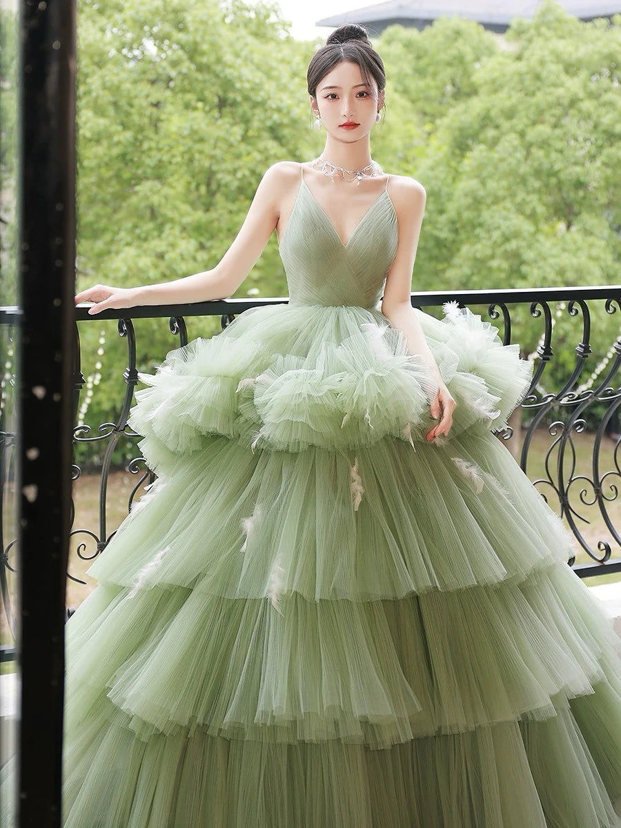 Elegant Green Tiered Tulle Evening Ball Gown on Luulla