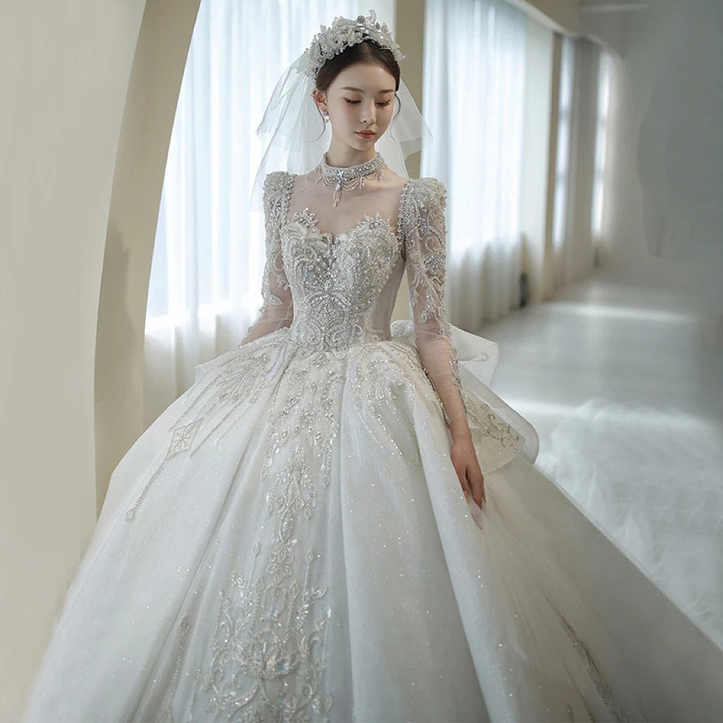 Long Sleeve Linear Beaded Gown main image 0
