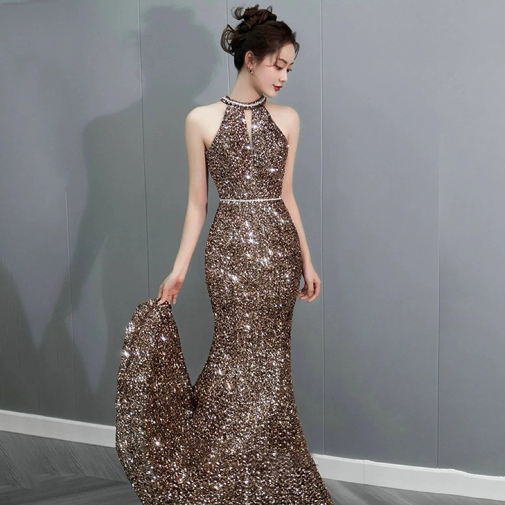 skims black glitter dress Yellow Sequin Halter Sexy Side Slit Evening Party Dresses,CP0470 – clover  sew main image 0