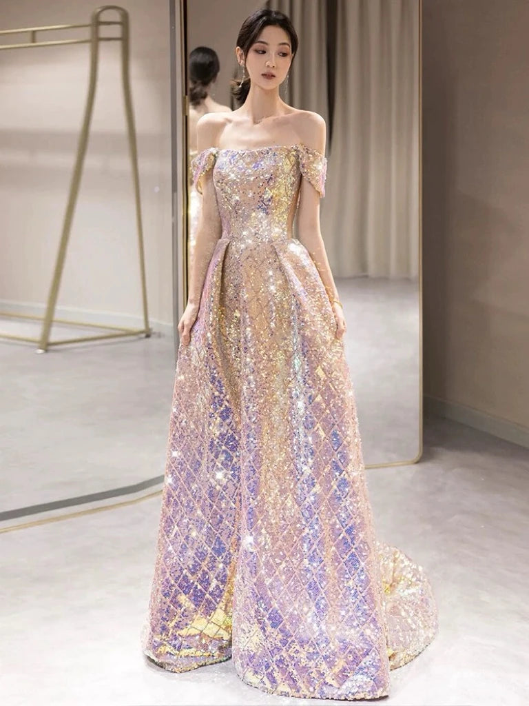 Elegant Sequin Off-shoulder Evening Gown For Women on Luulla