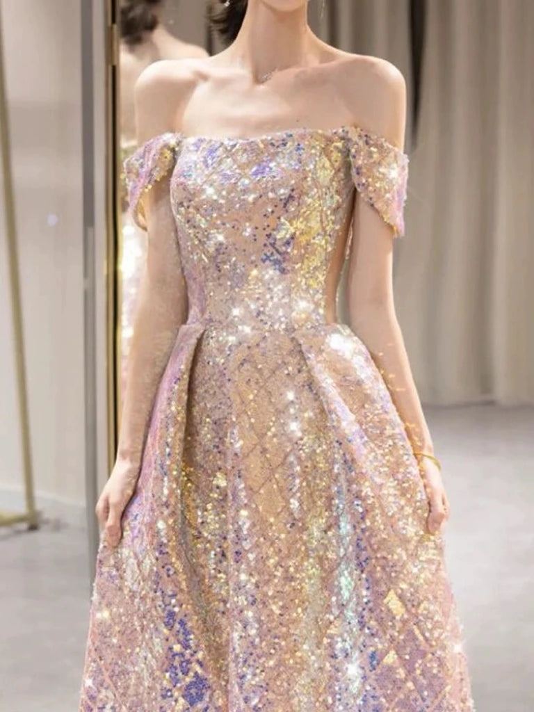 navy dress and gold shoes Off-shoulder Sequin Embroidered Mini Dress – CHICIDA main image 1