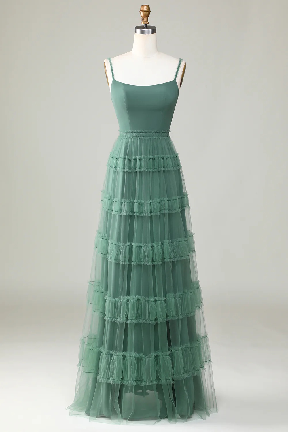 A Line Square Floor-Length Spaghetti Straps Tulle Bridesmaid Dresses