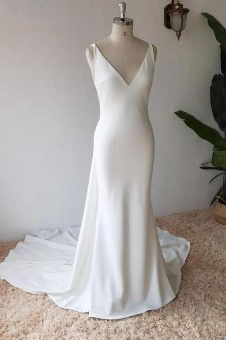 Umk Simple Satin Mermaid Wedding Dress Sexy Open Back Deep V Detachable Train Boho Bridal Gowns