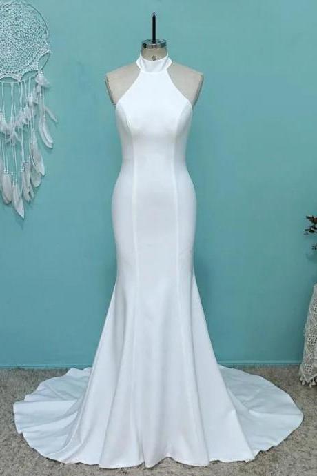 Umk Sexy Halter Neck Satin Mermaid Wedding Dress Open Back Simple Sleeveless Plain Bridal Gowns