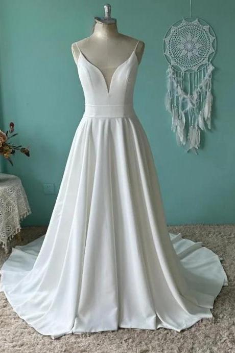 Umk Spaghetti Straps A Line Wedding Dress Plain Satin Boho Illusion Back V Neck Sexy Bridal Gowns