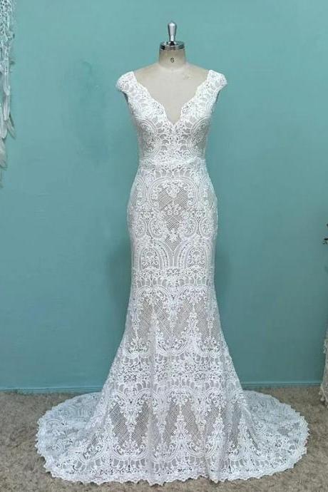 Umk Vintage Boho Mermaid Wedding Dress Chic Crochet Lace Open Back Bohemia Short Sleeve Bridal Gowns