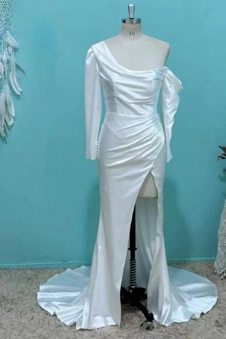 Umk Sexy One Shoulder Mermaid Wedding Dress Long Sleeve Front Split Modern Bridal Gowns