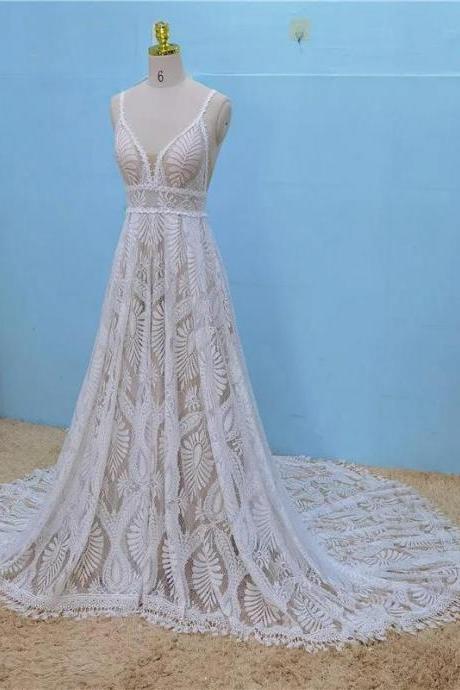 Umk Luxury Boho Lace Wedding Dress Vintage Depp V Backless Spaghetti Straps Unique Bridal Gowns