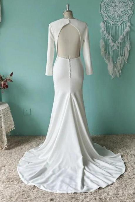 Umk Elegant Crepe Mermaid Wedding Dress Long Sleeve Sexy Open Back O-neck Simple Bridal Gowns