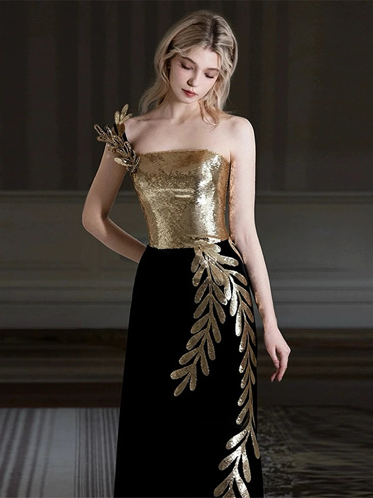 Elegant Gold Leaf Sequin Strapless Evening Gown on Luulla
