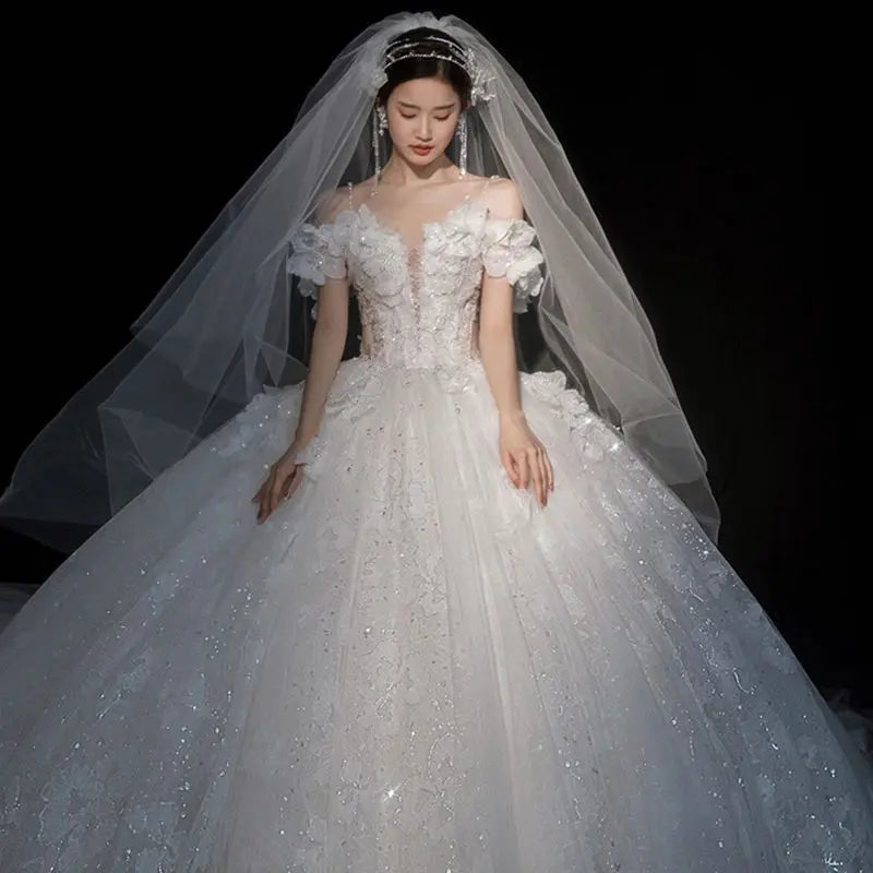 Elegant Lace Off-shoulder White Wedding Dress on Luulla