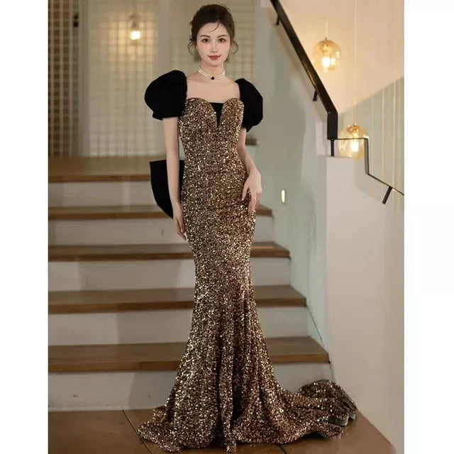 Elegant Gold Sequin Gown With Puff Sleeves on Luulla