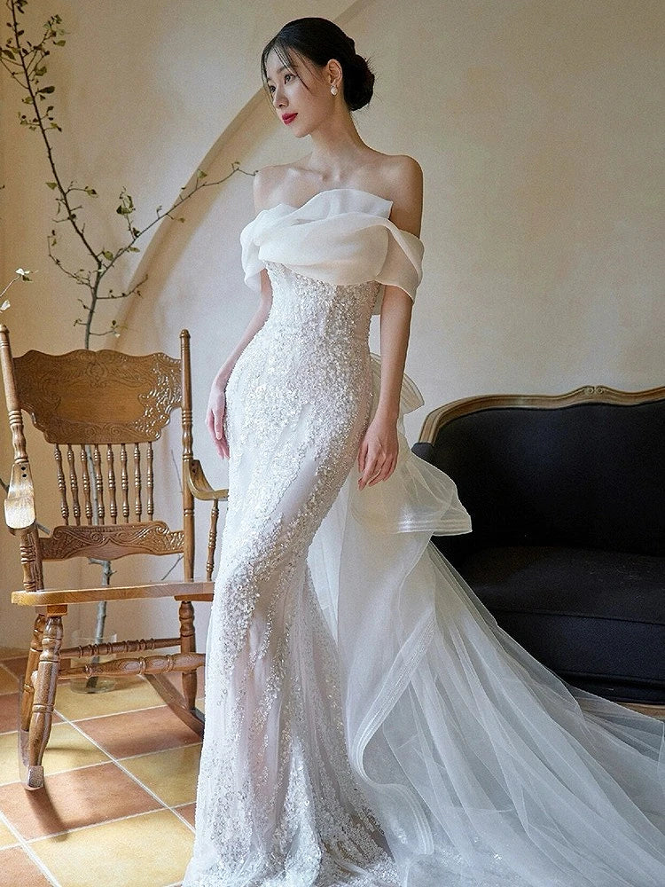 Elegant Off-shoulder Sequin Lace Wedding Gown on Luulla