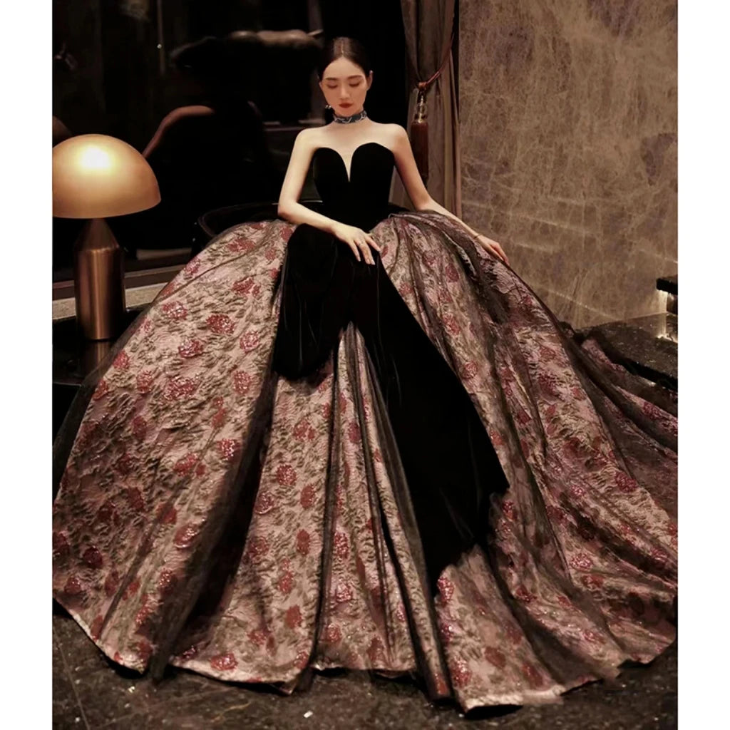Purple Velvet Ball Gown With Golden Crystal Hand Embroidery