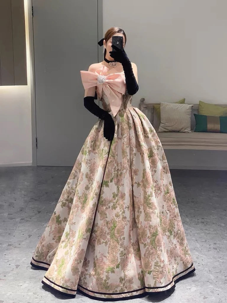 Elegant Floral Ball Gown With Pink Bow on Luulla