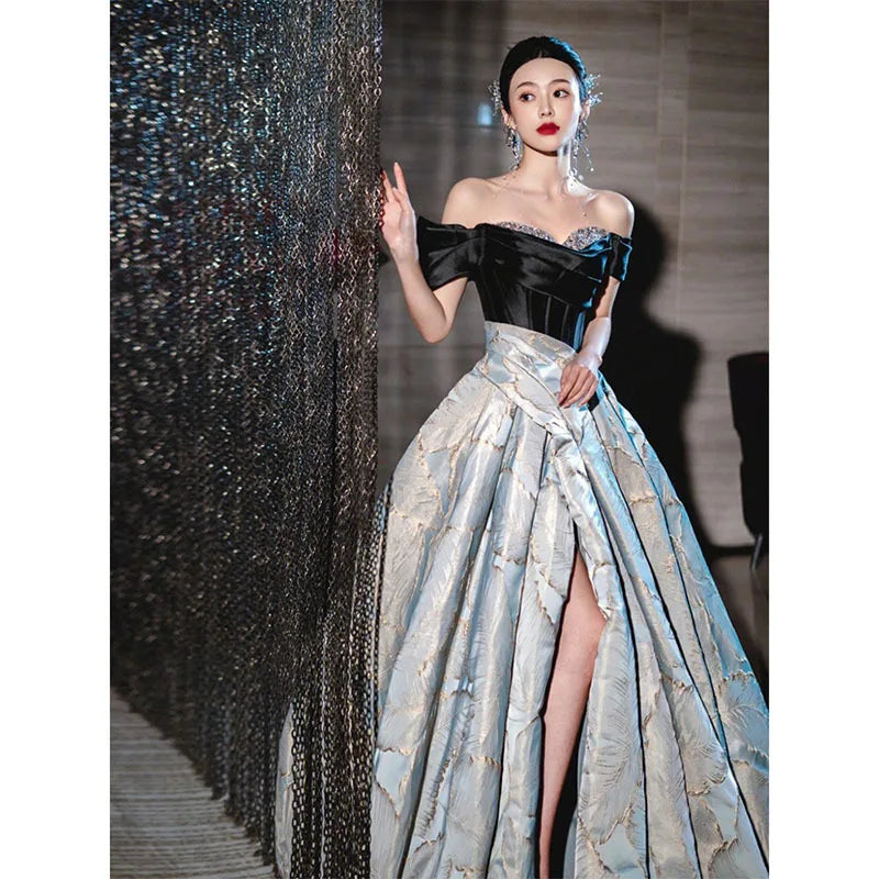 Off-Shoulder Sequined Ruffled A-Line Layered Evening Gown