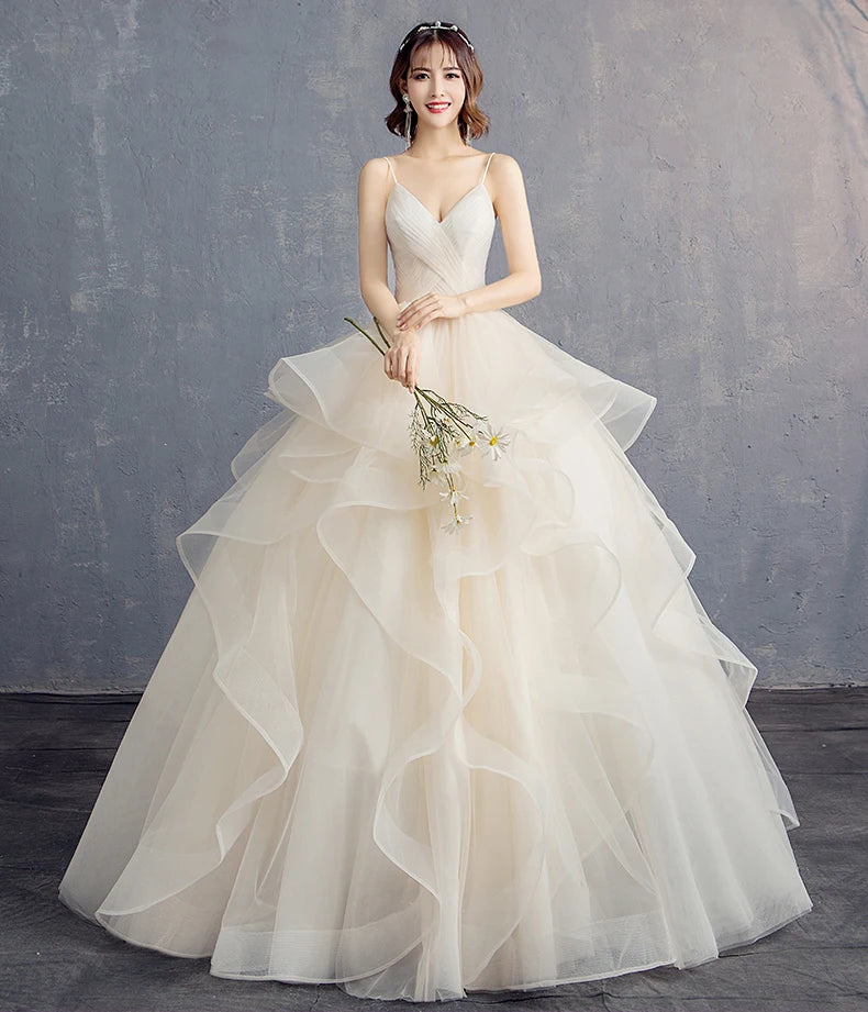 Elegant Spaghetti Strap Ruffled Tulle Wedding Dress on Luulla