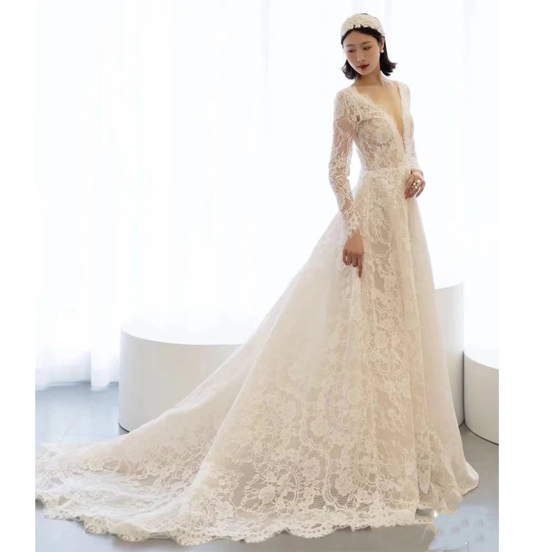 Long Sleeve Lace Deep V Bridal Gown on Luulla