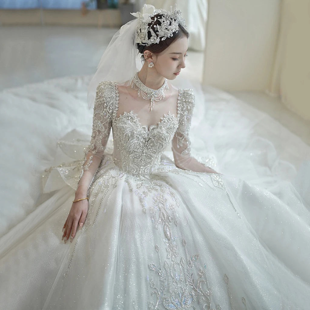 Classic Long Sleeve Lace Wedding Dress Backless Beaded Luxury Bridal Gown