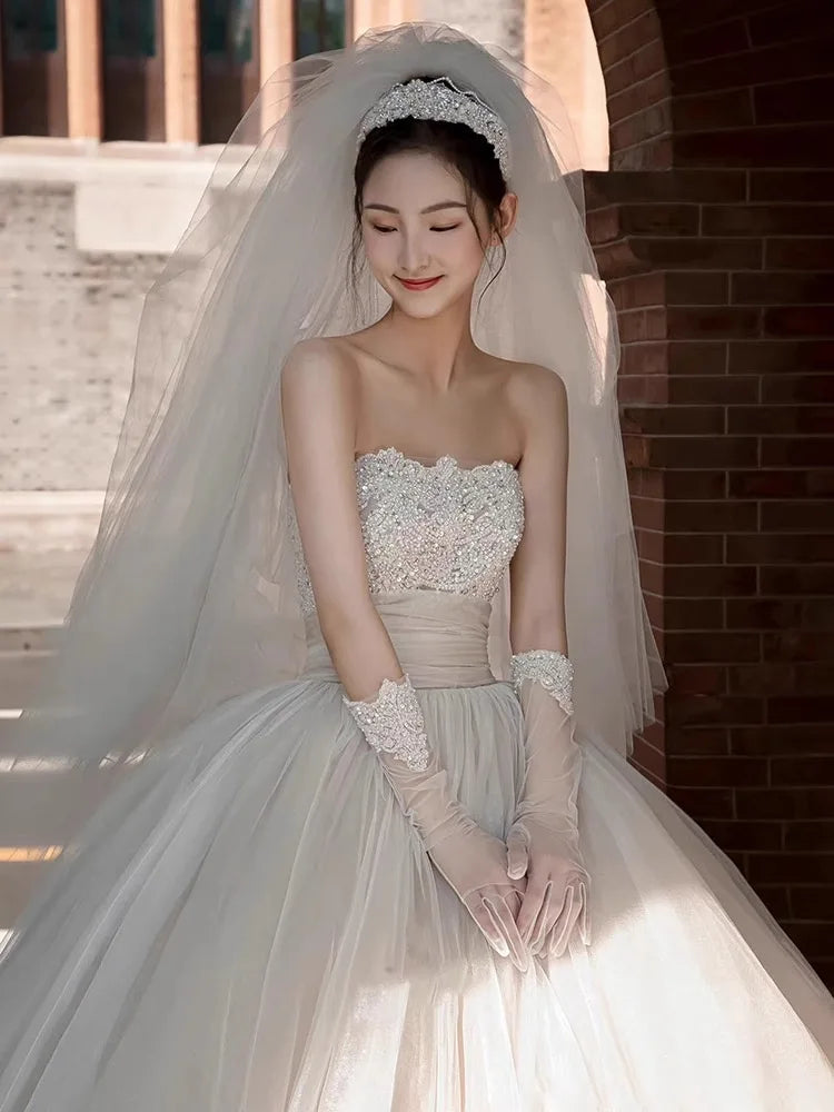 Gorgeous Lace Long Sleeve Beads Ball Gown Wedding Dress