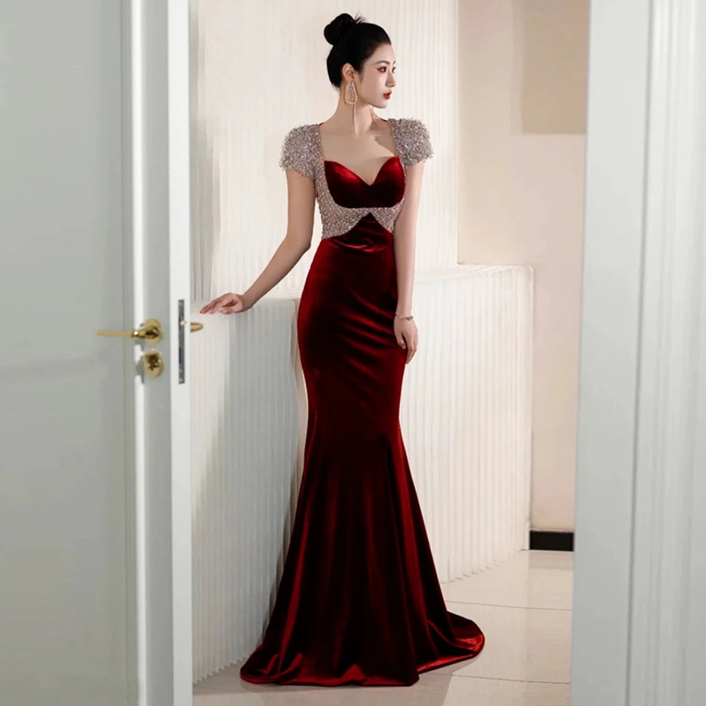 Embroidered Sequins Feathered Sleeves Evening Dress in Burgundy