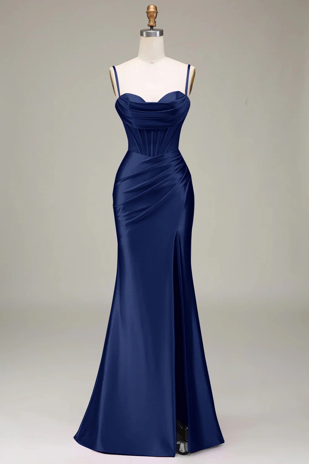 Split Front Blue V-Neck Spaghetti Straps Mermaid Prom Dress with Cascading Ruffles main image 0